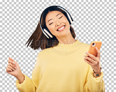 Dance, music and happy Asian woman with phone in studio for stre