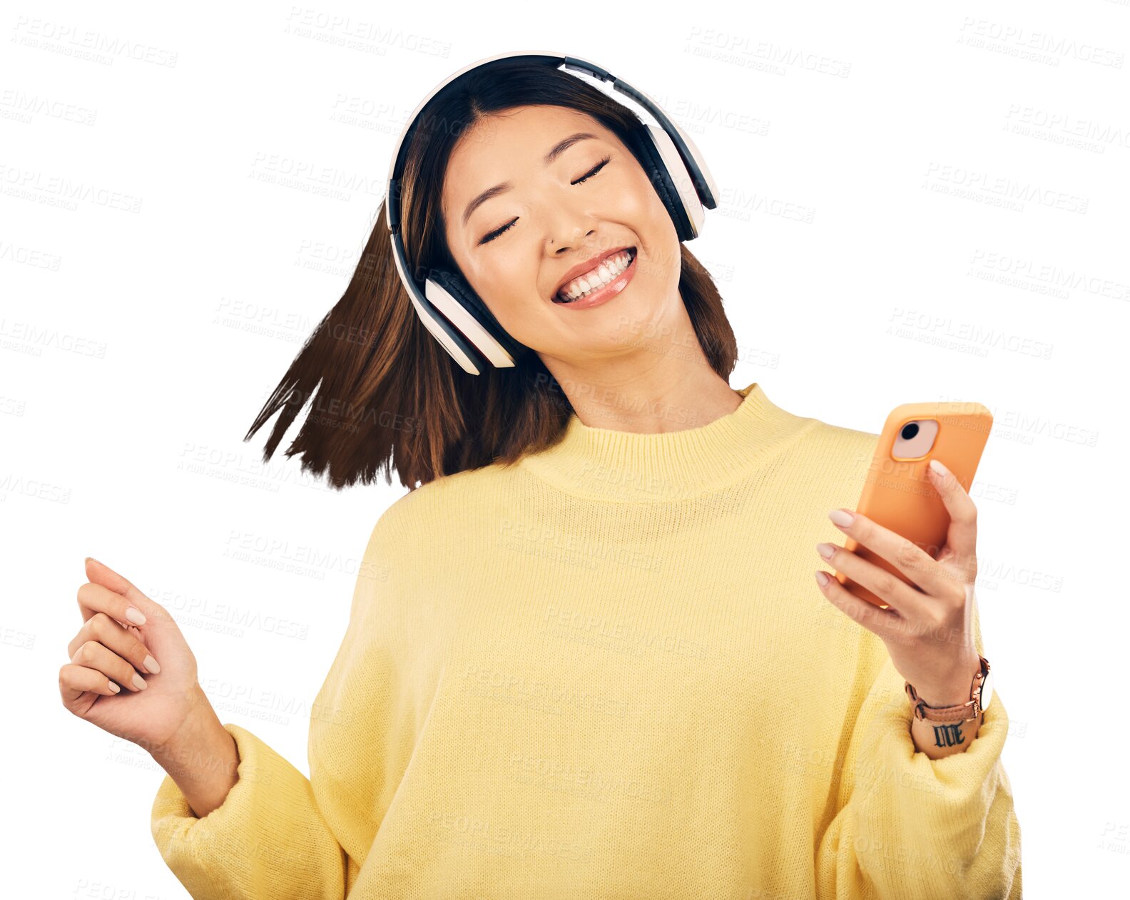 Buy stock photo Headphones, phone or happy Asian woman listening to music isolated on transparent PNG background. Dancing, energy or excited person streaming a fun radio song, sound or audio on online subscription