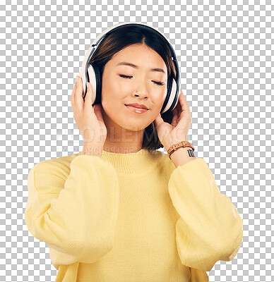 Buy stock photo Headphones, music or calm Asian woman on streaming app subscription for radio or podcast. Smile, peace or happy person listening to audio, song or sound track isolated on transparent PNG background