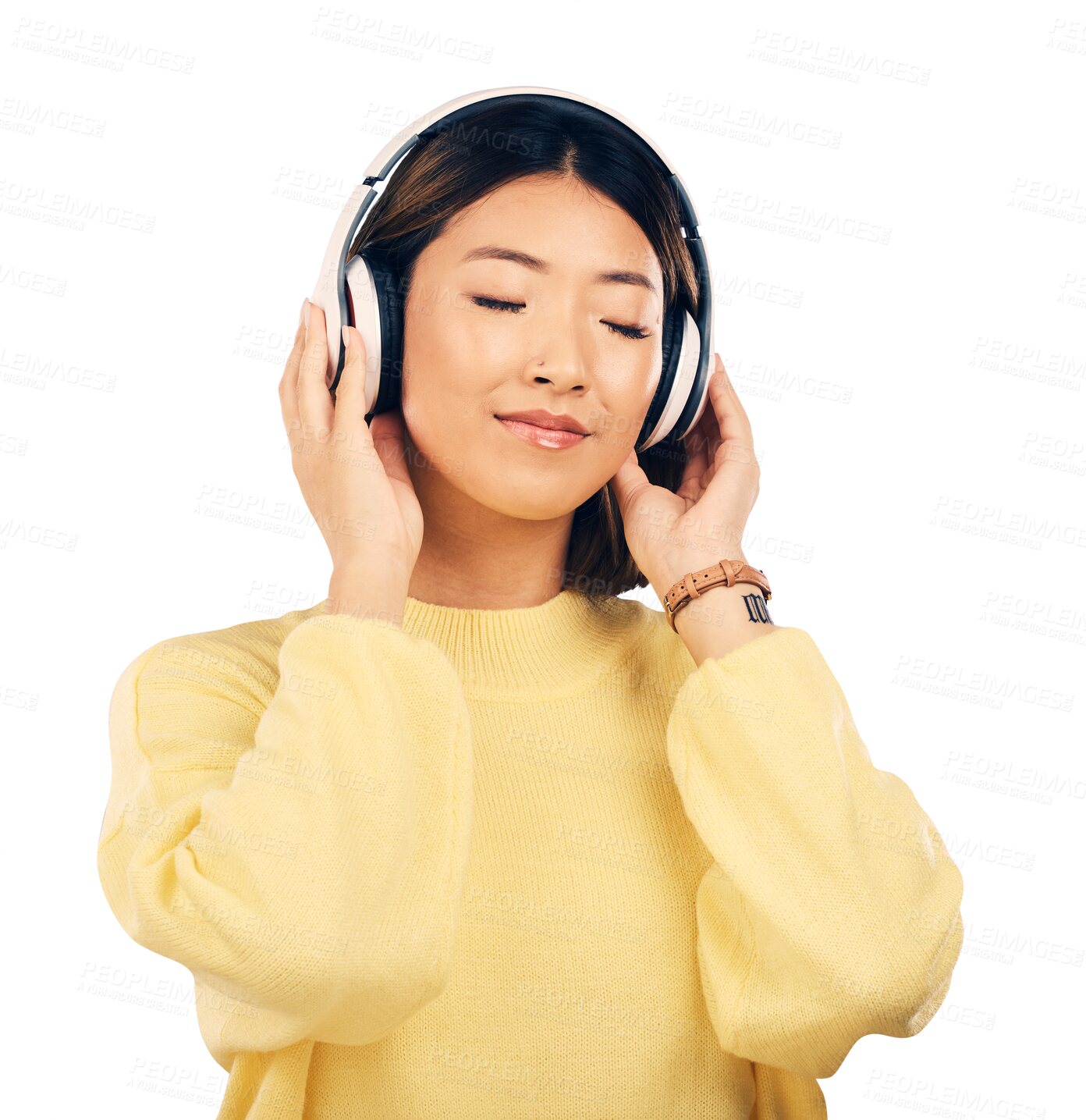 Buy stock photo Headphones, music or calm Asian woman on streaming app subscription for radio or podcast. Smile, peace or happy person listening to audio, song or sound track isolated on transparent PNG background