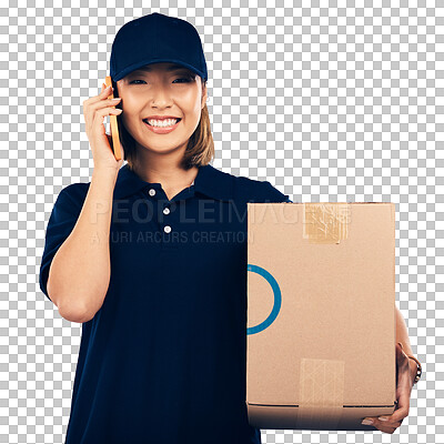 Happy asian woman, phone call and box for delivery, courier serv