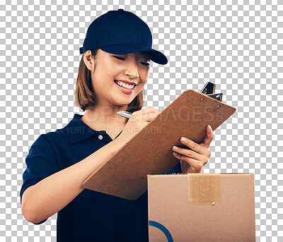 Delivery, box and woman, shipping and clipboard, signature with