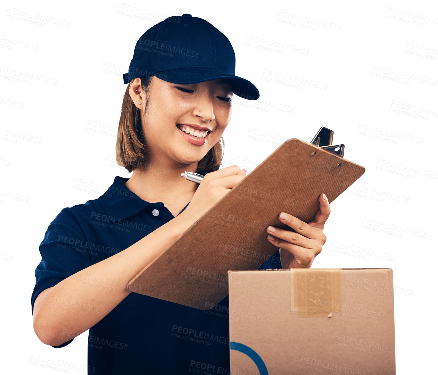 Buy stock photo Delivery, woman with box and clipboard for invoice, e commerce and supplier isolated on png transparent background. Supply chain, distribution and package with paperwork for signature and shipping