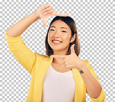 Portrait, frame and Asian woman with a smile, fashion and emoji