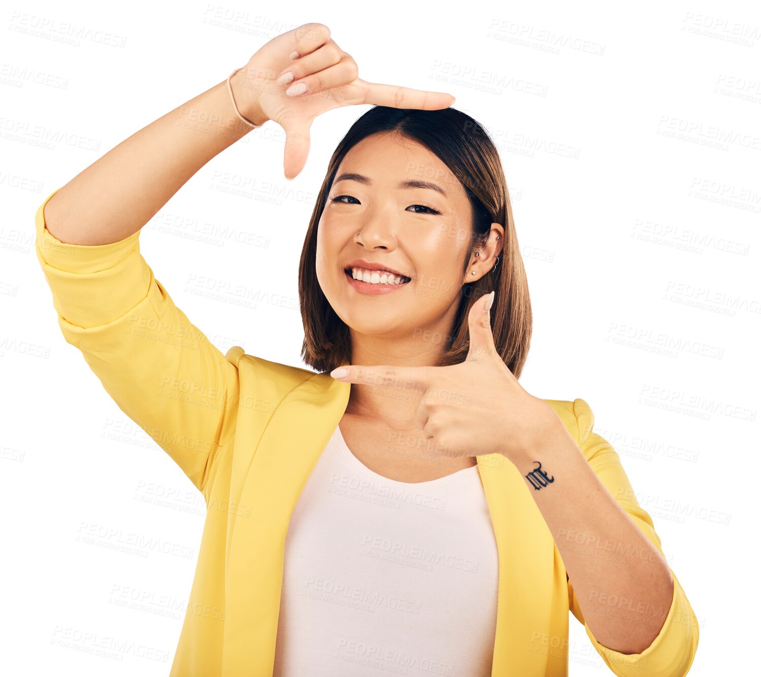 Buy stock photo Happy asian woman, portrait and hands framing face for photography isolated on a transparent PNG background. Female person or photographer smile with frame for photograph, picture or selfie moment