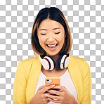 Headphones, phone and happy Asian woman in studio smile for soci