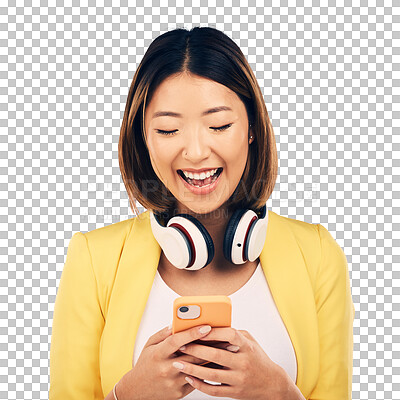 Headphones, phone and happy Asian woman in studio smile for soci