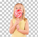 Candy, sugar rush and lollipop with girl in studio for sweets, party and carnival food isolated on pink background. Cute, positive and youth with child and eating colorful snack for playful and treat