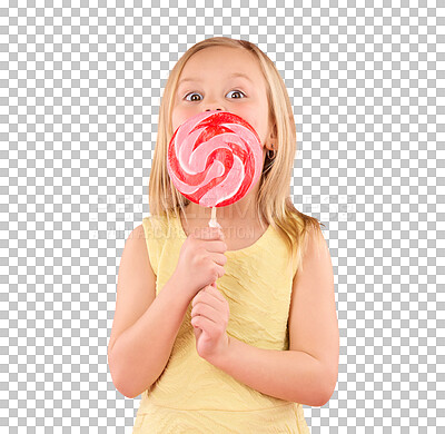 Candy, sugar rush and lollipop with girl in studio for sweets, party and carnival food isolated on pink background. Cute, positive and youth with child and eating colorful snack for playful and treat