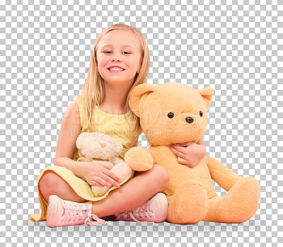 Teddy bears, girl and portrait with soft toys with happiness and love for playing in a studio. Isolated, pink background and a young female child feeling happy, joy and cheerful with stuffed friend