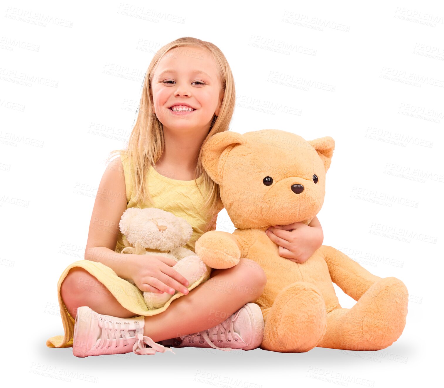 Buy stock photo Teddy bear, love and portrait of child with toys for gift, present and comfort sitting on floor. Adorable, childhood and girl cuddle animals for playing on isolated, png and transparent background