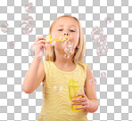 Portrait, fun and girl blowing bubbles, content and playing in studio while posing against pink background. Hand, face and child enjoying freedom, toy and innocent magic while standing isolated