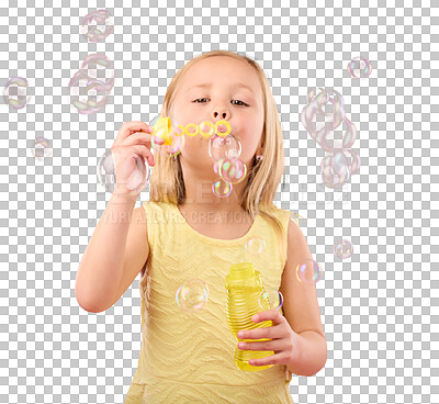 Portrait, fun and girl blowing bubbles, content and playing in studio while posing against pink background. Hand, face and child enjoying freedom, toy and innocent magic while standing isolated