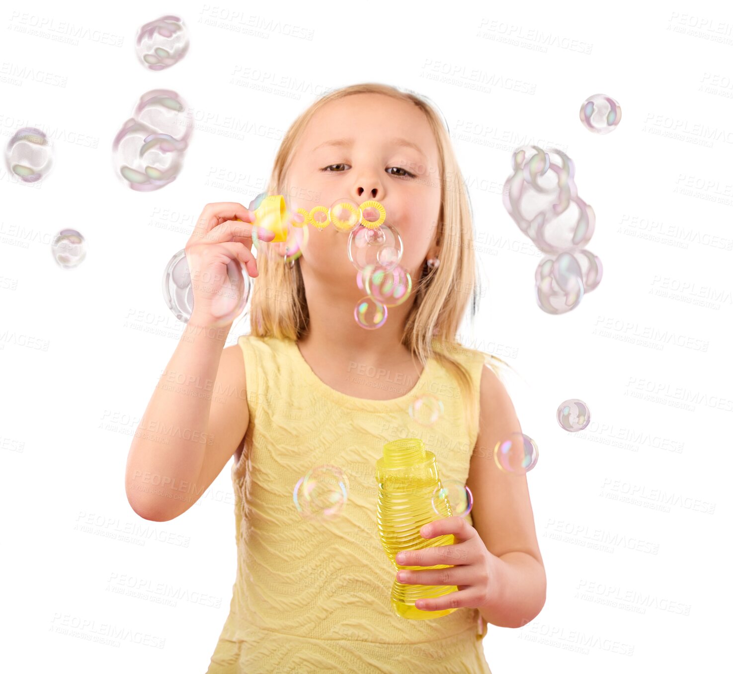 Buy stock photo Girl kid is blowing bubbles, portrait and fun with freedom and entertainment isolated on png transparent background. Young child with liquid soap, magic and playful, childhood with toys and youth