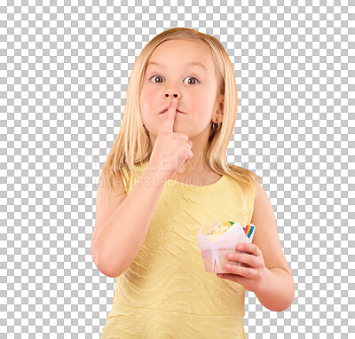Girl child, finger on lips and cupcake portrait in studio on a pink background for hush and silence. Face of female kid model with cake, secret and sweet snack in hand isolated on color and space