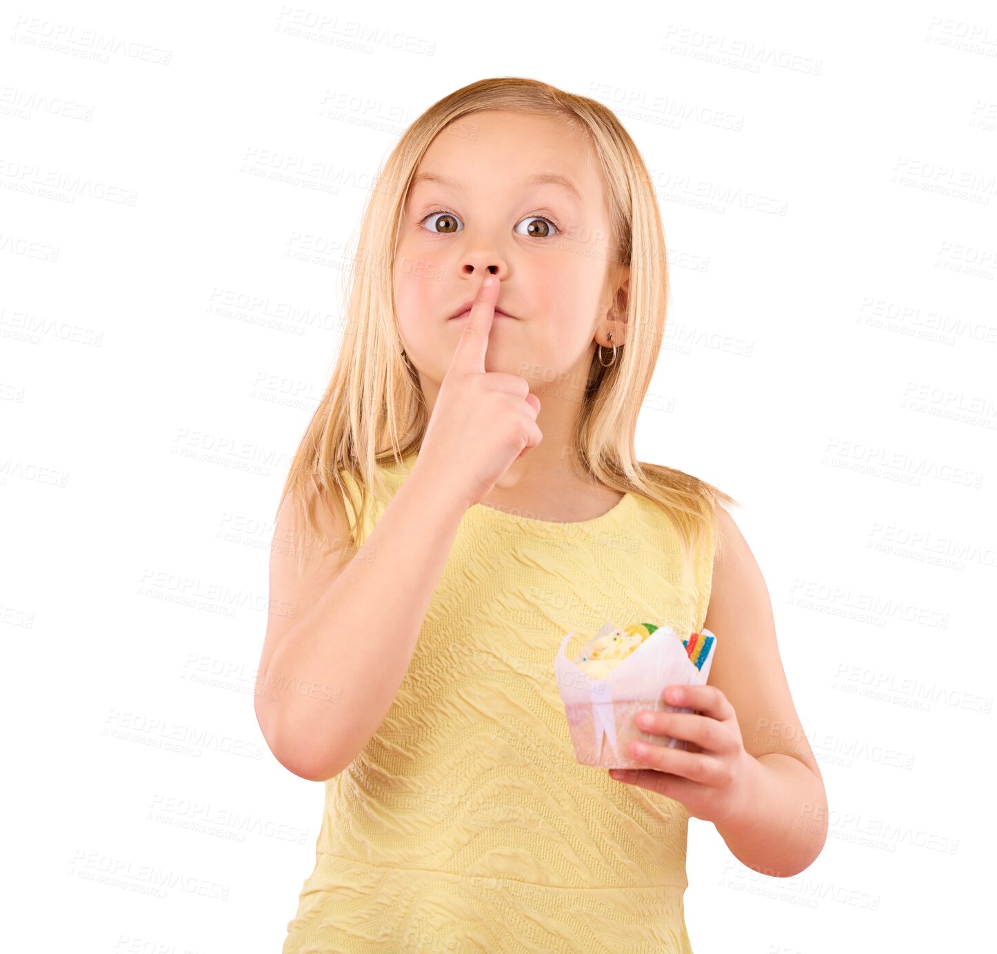 Buy stock photo Secret, portrait and girl child with cupcake and finger on lips on isolated, transparent and png background. Whisper, face and kid with dont hands, sneaky and cake with privacy, gossip or hush emoji