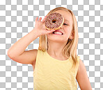 Child, donut and smile portrait in studio on a pink background while happy about sweet snack. Girl kid model with happiness, creativity and chocolate ring over eye in hand isolated on color and space