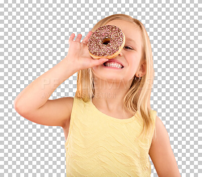 Buy stock photo Donut, happy and portrait of girl child eating sweet dessert for treat, snack or craving. Smile, cute and young kid from Australia enjoying cake with candy isolated by transparent png background.