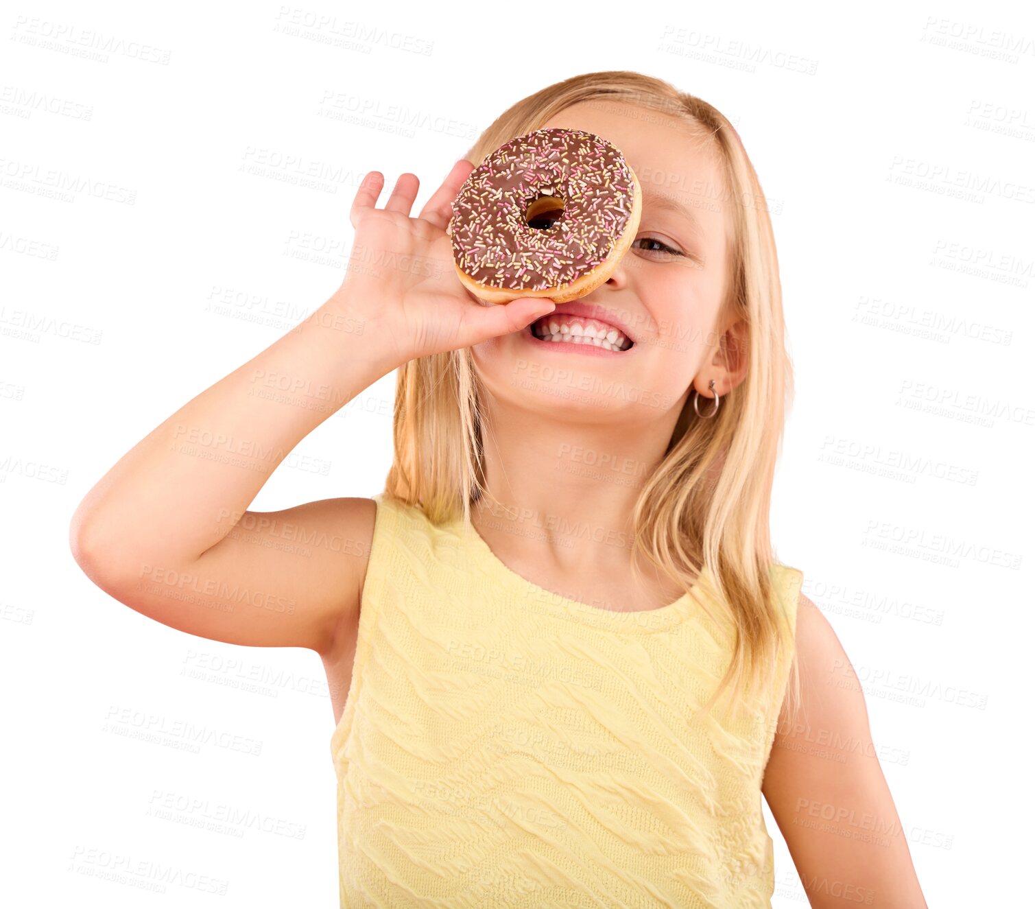 Buy stock photo Donut, happy and portrait of girl child eating sweet dessert for treat, snack or craving. Smile, cute and young kid from Australia enjoying cake with candy isolated by transparent png background.