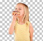 Portrait, girl kid and donuts on pink background, studio and color backdrop for dessert, sweet round treat and sugar. Happy young child eating doughnut, baked snack and delicious pastry of junk food