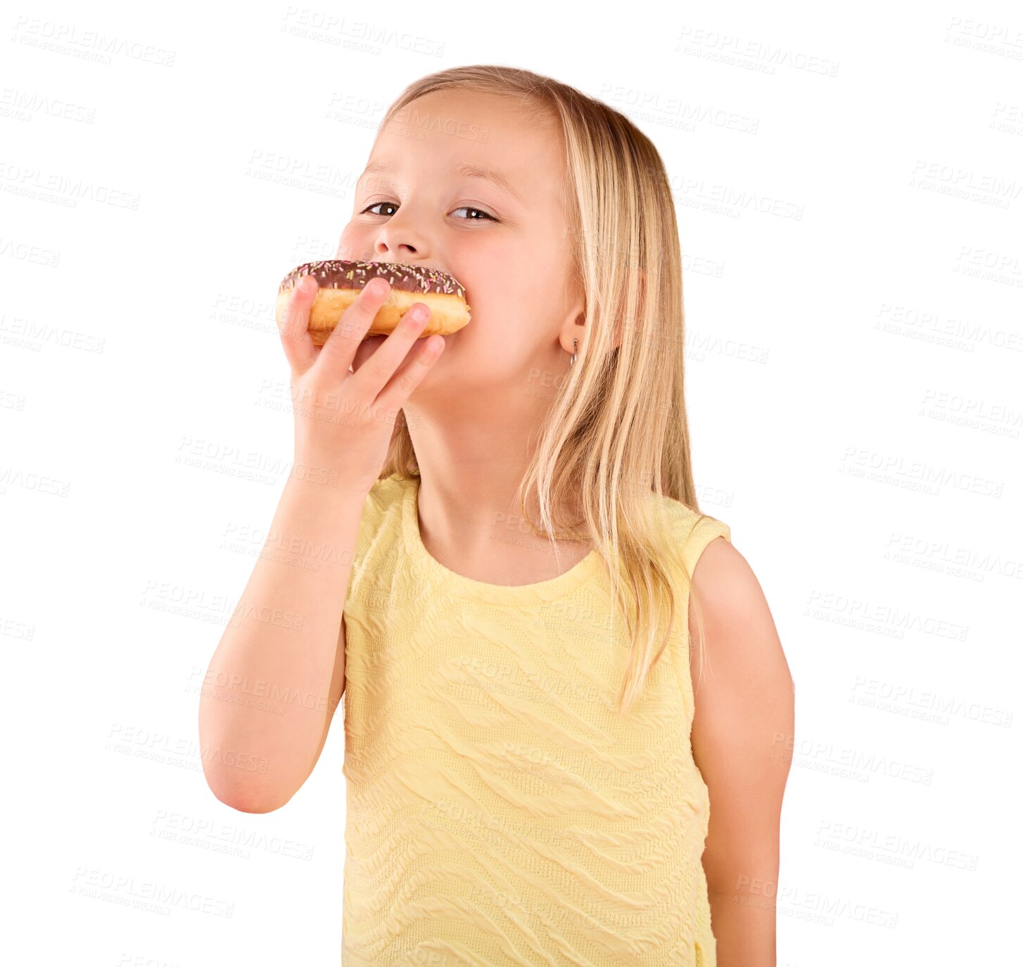 Buy stock photo Donut, happy and portrait of girl child eating sweet dessert for treat, snack or craving. Excited, cute and young kid from Australia enjoying cake with candy isolated by transparent png background.