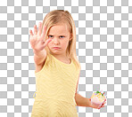 Stop, angry and child portrait with a no hand gesture and cupcake showing a sharing problem. Conflict, frustrated and serious little girl with a birthday dessert in isolated pink background in studio
