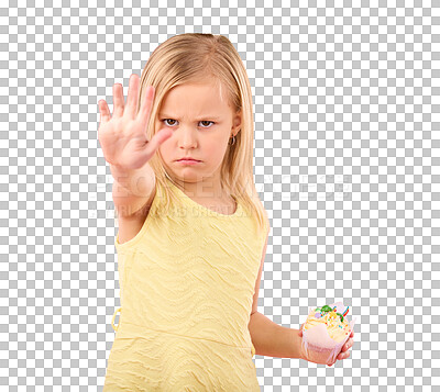 Stop, angry and child portrait with a no hand gesture and cupcake showing a sharing problem. Conflict, frustrated and serious little girl with a birthday dessert in isolated pink background in studio