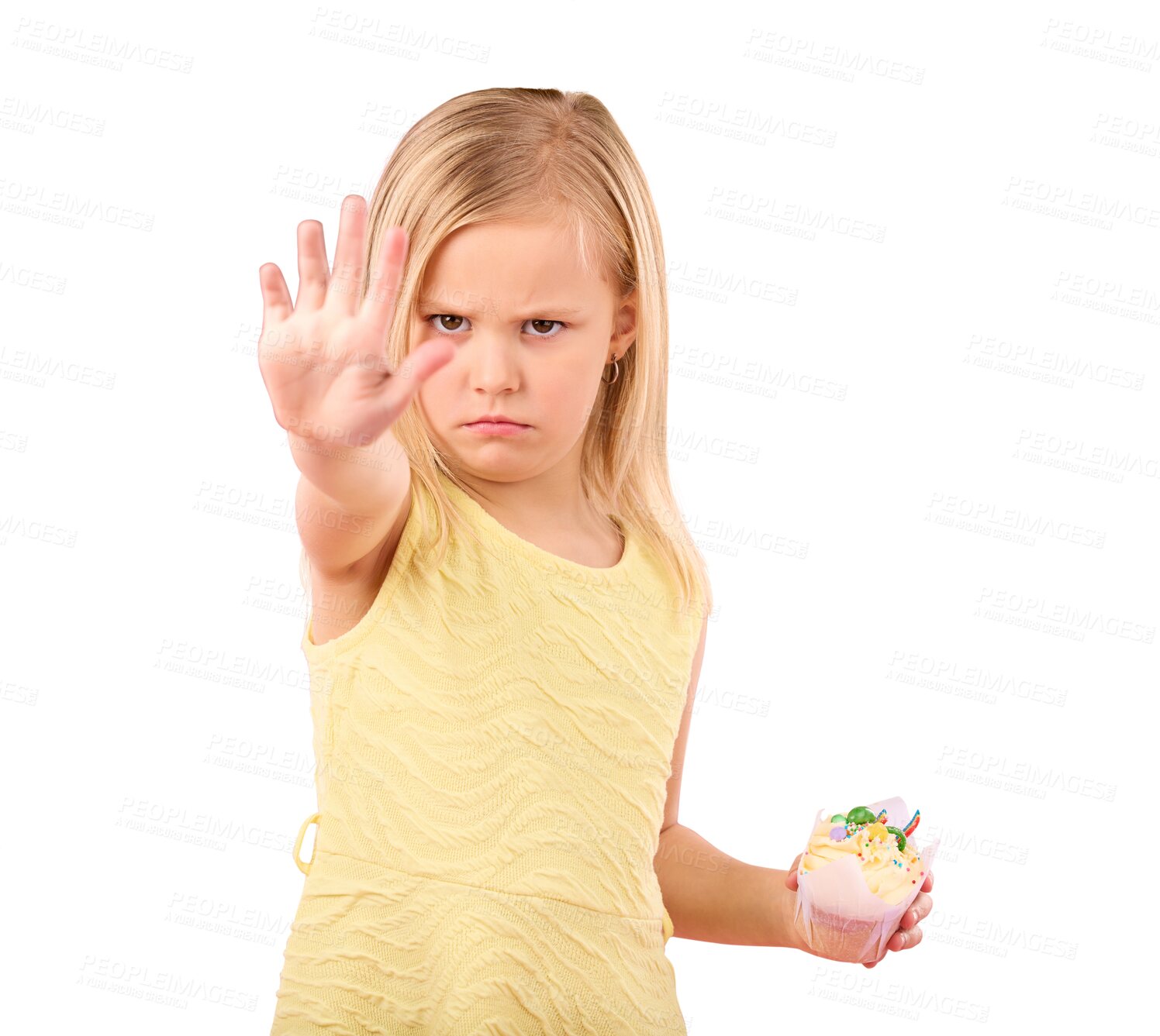 Buy stock photo Stop, hand and portrait of girl child with cupcake, angry or warning on isolated, transparent and png background. Protest, palm and face of kid with emoji no vote, sugar or dessert rejection threat