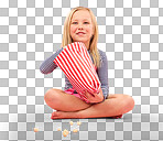Popcorn, snack and happy girl in a studio with pink background sitting with movie snacks. Food, happiness and hungry young child with a paper bag and chips eating and feeling relax with a smile