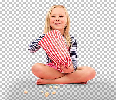 Popcorn, snack and happy girl in a studio with pink background sitting with movie snacks. Food, happiness and hungry young child with a paper bag and chips eating and feeling relax with a smile
