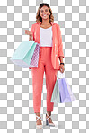 Portrait, fashion and shopping bags with a woman customer in studio on a blue background for consumerism. Smile, retail and sale with a happy young female shopper buying luxury goods on promotion