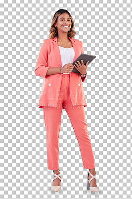 Buy stock photo Happy business woman, portrait and tablet for research isolated on a transparent PNG background. Female person or corporate employee smile with technology for online networking, app or communication