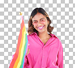 Woman, lgbtq and rainbow flag in studio portrait, sunglasses and icon for pride with human rights by blue background. Gen z girl, lesbian student and wave sign for solidarity, freedom and inclusion