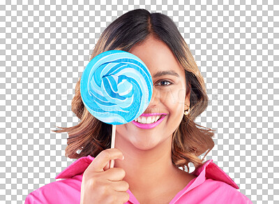Portrait, lollipop or happy woman on a blue background in studio with positive, sugar or cheerful smile. Colorful sweets, hungry or face of Indian girl eating a giant snack, treats or candy with joy