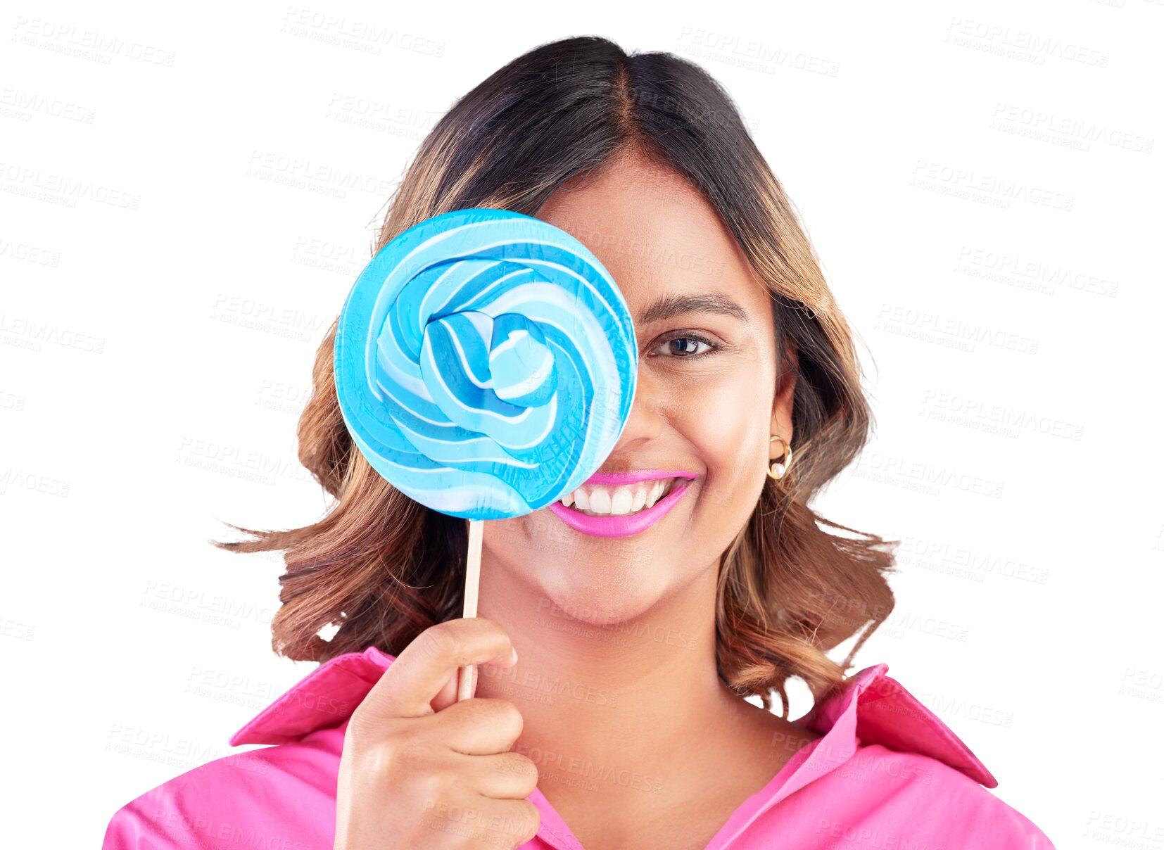 Buy stock photo Candy, shop and portrait of woman with lollipop for small business on isolated, transparent or png background. Sugar, sweet and face of lady entrepreneur with startup success or confectionery service