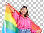 Lgbtq flag, freedom and woman with support, pride and transgender right on a blue studio background. Female person, lesbian or model with symbol for queer community, equality or celebration with hope