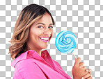 Woman, lollipop and smile in studio portrait with eating, sweets and excited for food by blue background. Girl, student or young fashion model with candy, beauty or happy with sugar for dessert snack