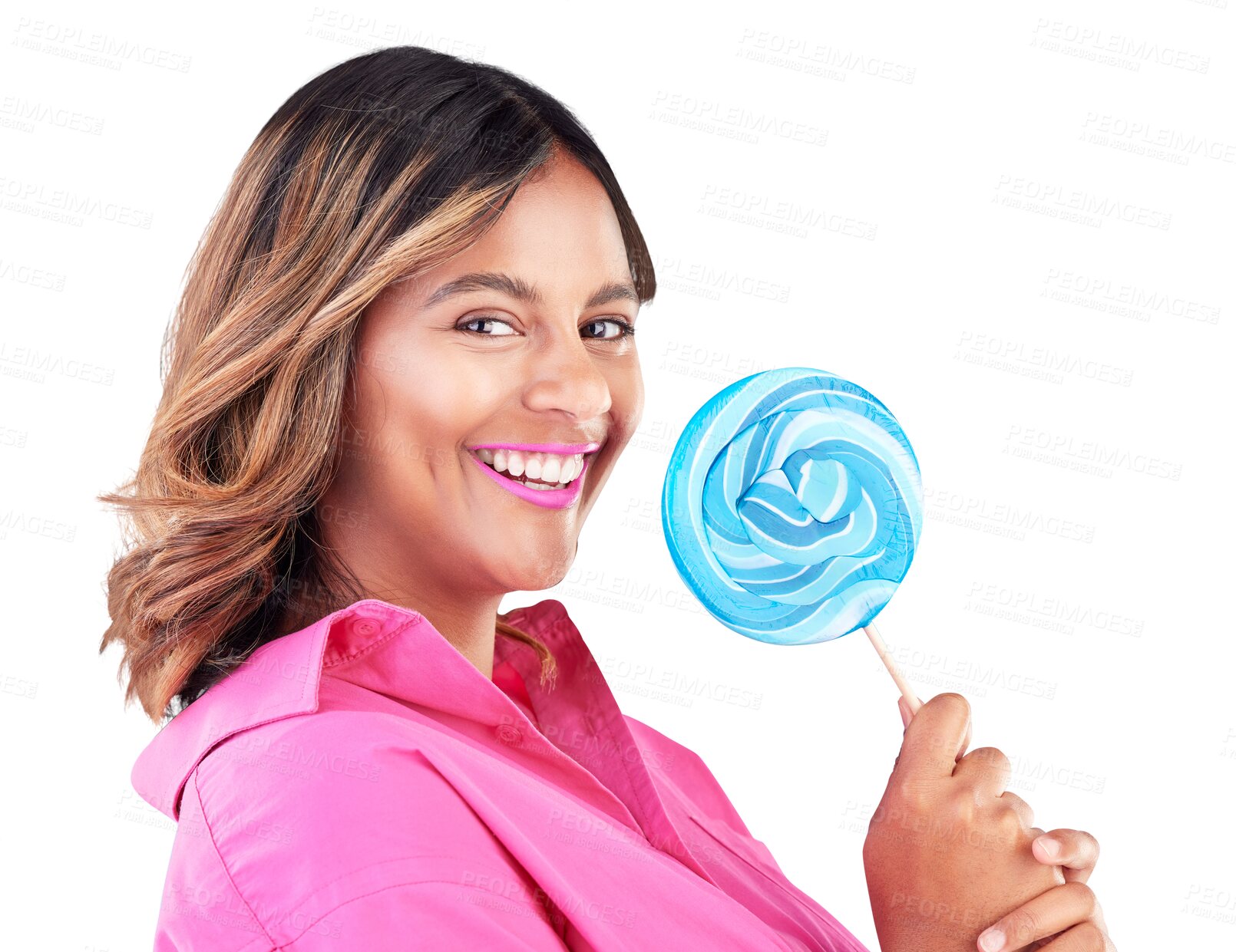 Buy stock photo Shop, candy and portrait of woman with lollipop for small business on isolated, transparent or png background. Sugar, sweet and face of lady entrepreneur with startup success or confectionery service