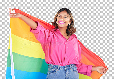Lgbtq flag, portrait and woman with support, pride and happiness on a blue studio background. Female person, ally or model with symbol for queer community, equality or transgender rights with freedom