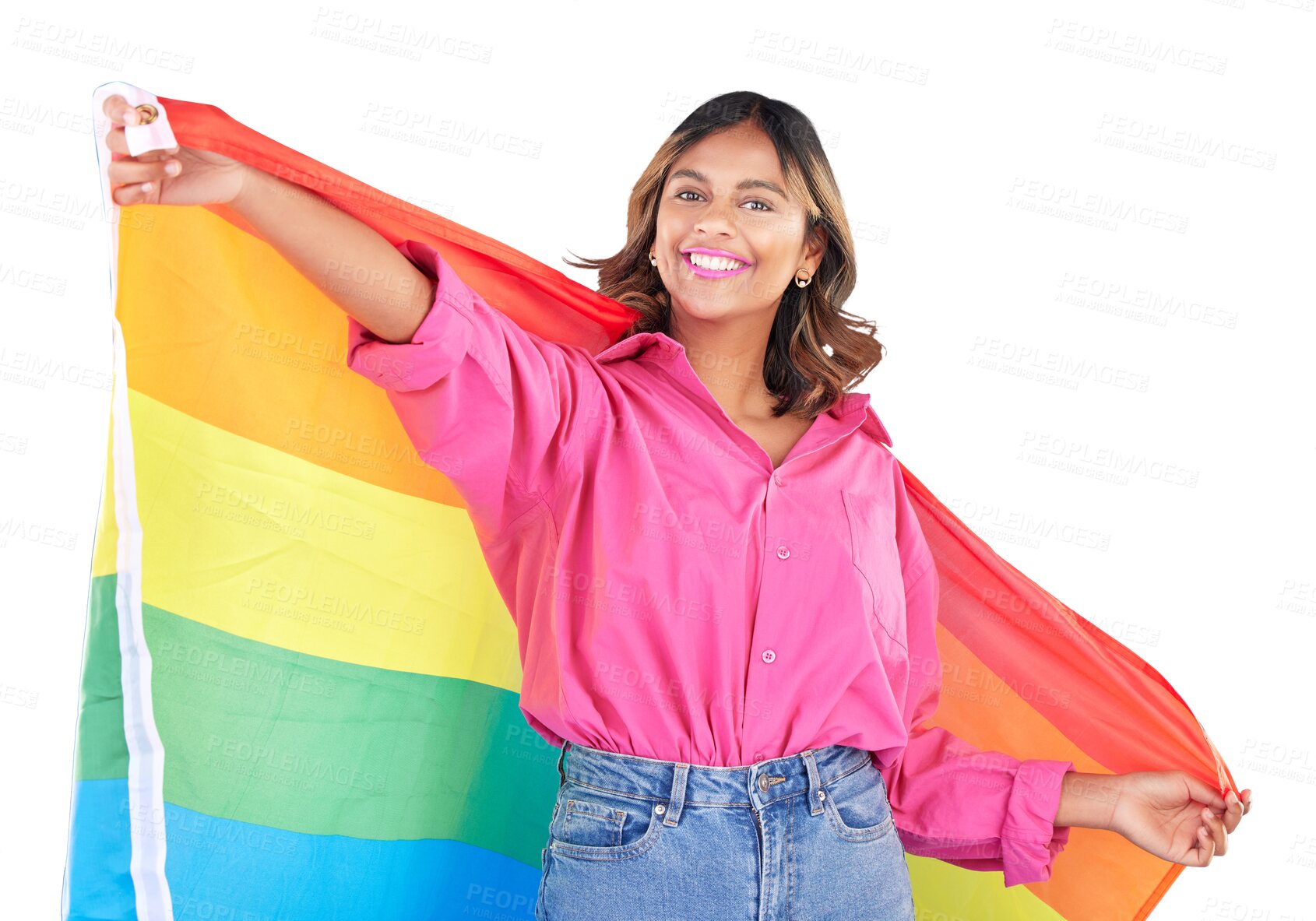 Buy stock photo Lgbtq, pride and portrait of woman with flag on isolated, png and transparent background. Fashion, rainbow and person with icon for queer, gay and lesbian community for solidarity, love and inclusion