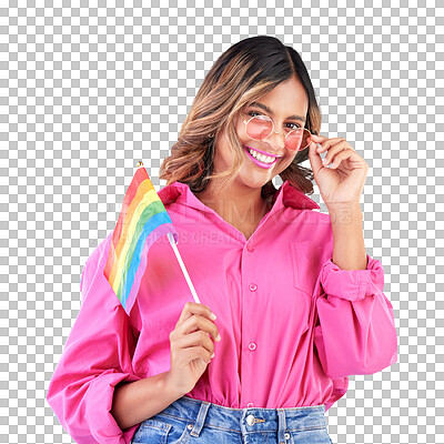 Woman, smile and lgbtq flag in studio portrait with fashion, sunglasses and pride for human rights by blue background. Gen z girl, lesbian student and protest for solidarity, freedom and inclusion