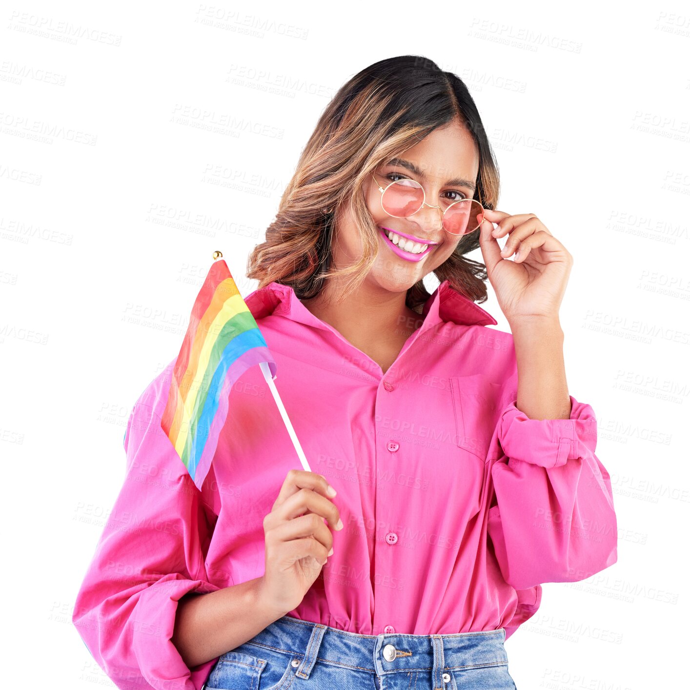 Buy stock photo Lgbtq, fashion and portrait of woman with flag on isolated, png and transparent background. Sunglasses, rainbow and happy girl with pride inclusion for queer, gay and lesbian community for solidarity