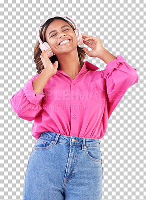 Young woman, headphones and music, audio streaming service and techno or student podcast in studio. Happy person listening to radio with gen z electronics and wellness on a blue, gradient background