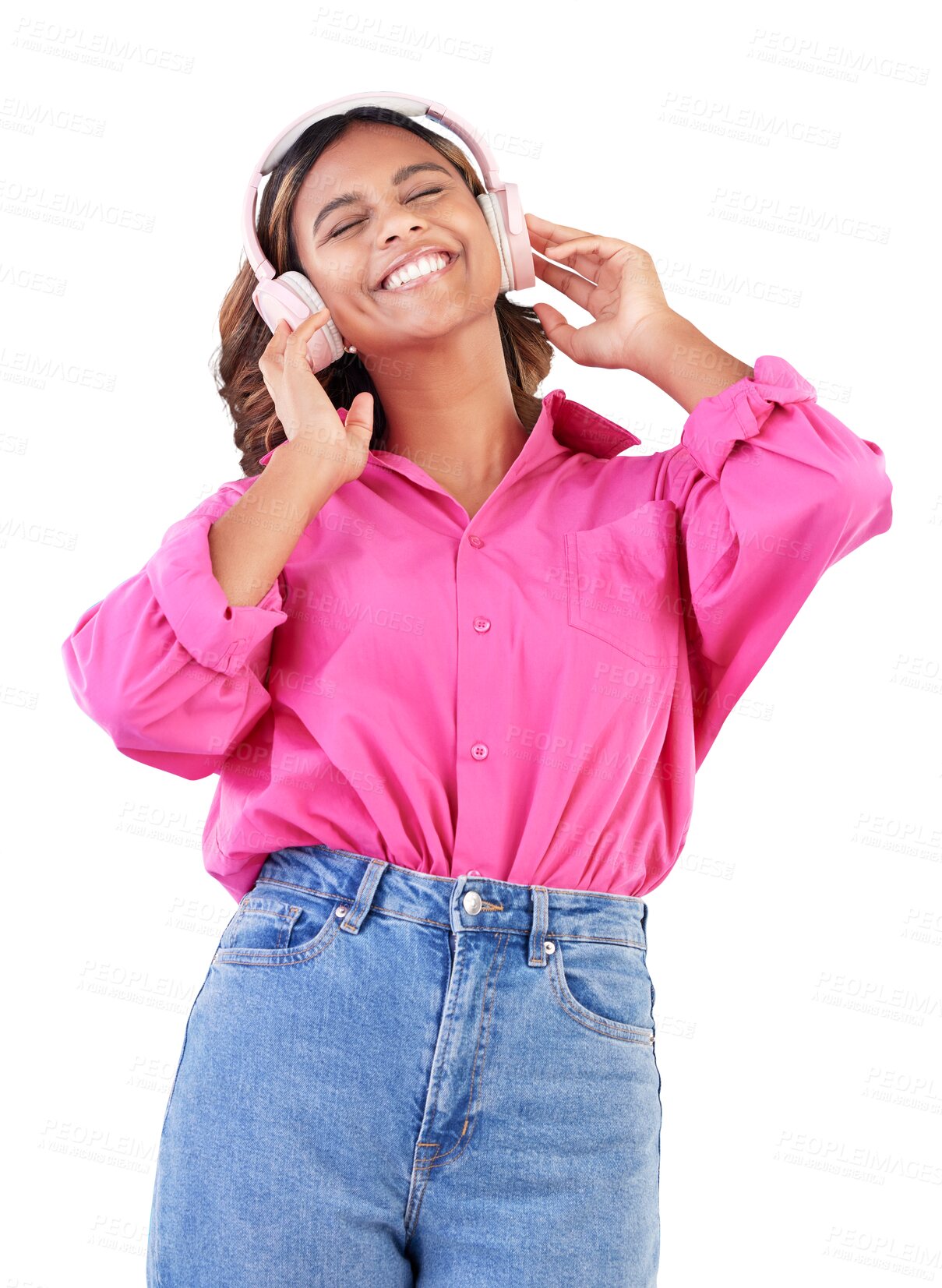 Buy stock photo Happy woman, headphones and listening to music or podcast isolated on a transparent PNG background. Female person smile or dancing with headset for audio streaming, sound track or online playlist