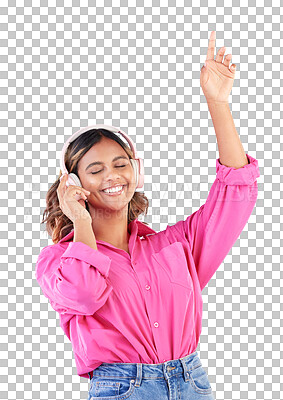 Happy woman, headphones and listening to music, audio streaming service and techno or student podcast in studio. Young person dance to radio for wellness and electronics on a blue gradient background