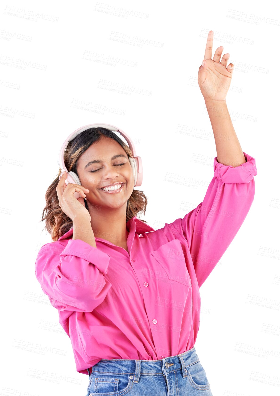 Buy stock photo Happy woman, headphones and listening or dancing to music isolated on a transparent PNG background. Female person in radio and smile with headset for audio streaming, sound track or online playlist