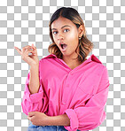 Surprise, pointing and space with portrait of woman in studio for news, presentation or idea. Wow, shocked and promotion with person on blue background for information, choice and announcement mockup