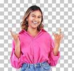 Wink, portrait and woman with rocker hands in studio for freedom, happy and positive attitude on blue background. Smile, face and female with rockstar emoji, sign or punk gesture, good mood or vibes