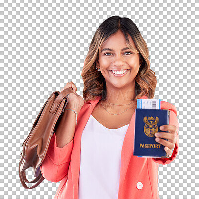 Passport, bag and woman in portrait for travel opportunity, international holiday or immigration in studio. Identity documents, flight ticket and happy face of young african person on blue background