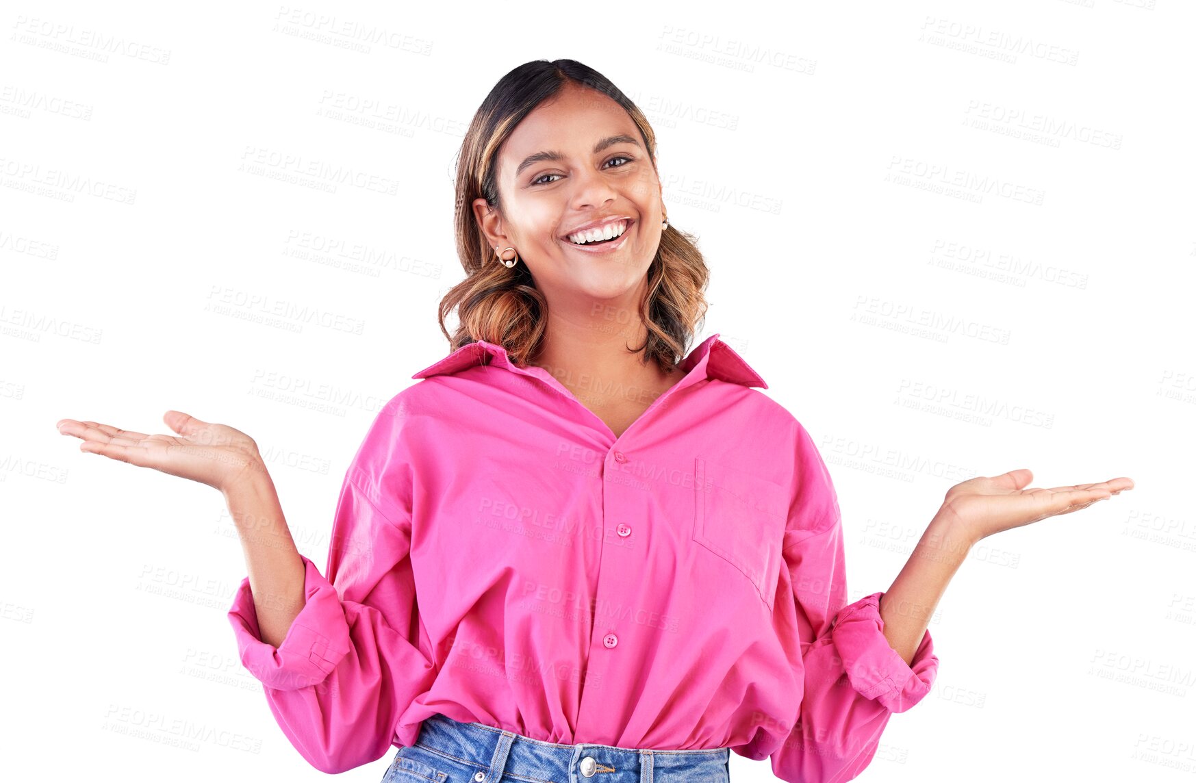 Buy stock photo Decision, choice and portrait of woman with why hands happy on isolated, transparent and png background. Face, smile and female model with palm, scale and idea, questions and balance idea emoji  